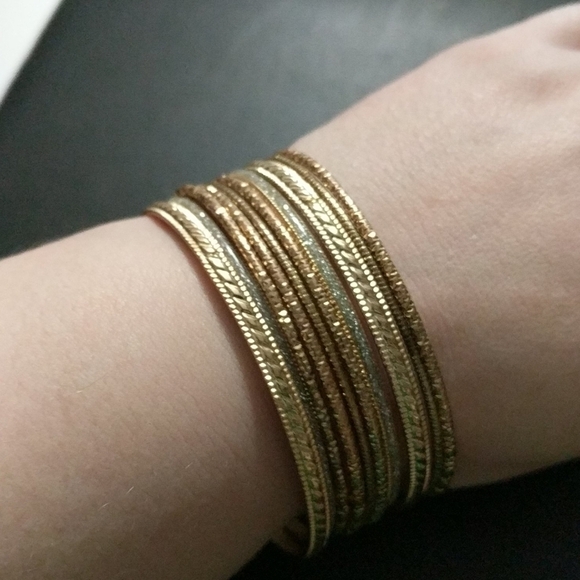 Gold Tone Brass Bangle Statement Bracelets - Set of 10 - Picture 1 of 3